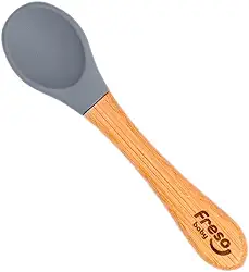 Freso Baby Colher Alimentação de Bebê Silicone Livre BPA Atóxico e Bambu Biodegradável Introdução Alimentar BLW Talher Infantil Treinamento, cor Cinza