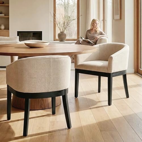 Image of HNY Barrel Dining Chairs Set of 2, Mid Century Modern Upholstered Dining Chairs with Arms, Linen Kitchen & Dining Room Chairs, Solid Wood Frame Accent Chairs for Kitchen, Apartment, Cream