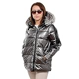 Länge: ca. 66 cm FOX FASHION Kurze Silber Gesteppte Damen Winterjacke mit Kapuze aus Silberfuchs Fell Pelz Steppjacke Daunenjacke mit Pelzbesatz Silber Fuchs Jacke Echtpelz Fellkapuze (M)