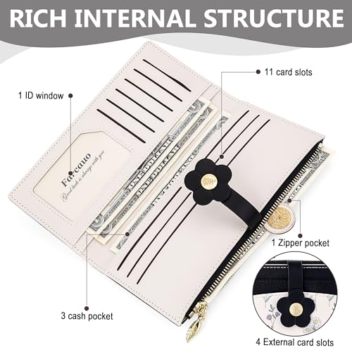 Image of Farcauo Long Floral Womens Wallet Cute Wallets for Women Black Women's Wallet Kawaii Flower Card Wallets for Women Ladies