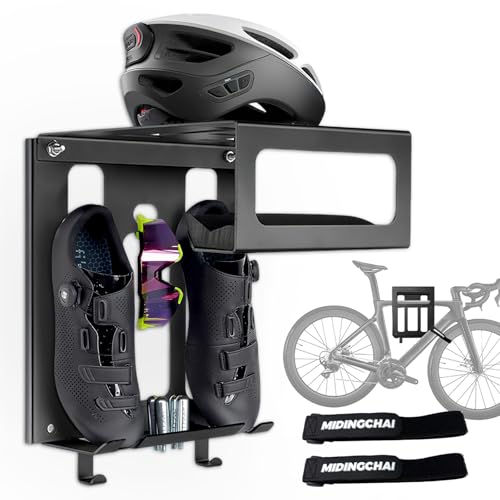MIDINGCHAI Support Velo Mural, avec Espace Rangement pour Casque et Chaussures Velo Route, Porte Velo Mural avec 2 Sangles Porte-Vélo, Crochet Velo Mural idéal comme...