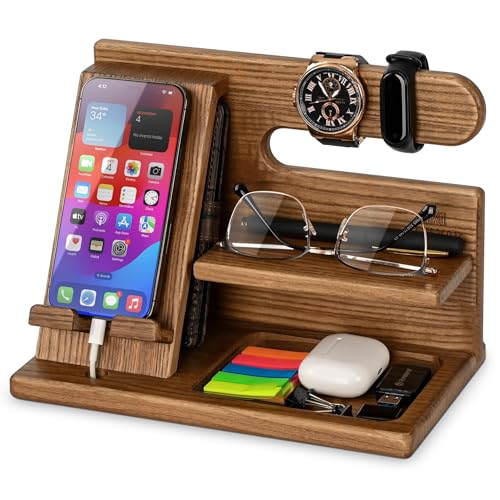 Product Image of the TESLYAR Wood Phone Docking Station Ash Key Holder Wallet Stand Watch Organizer Men Husband Wife Anniversary Dad Birthday Nightstand Purse Father Graduation Male Idea Gadgets (Beige)