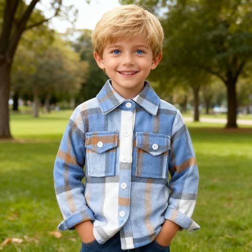Feidoog Toddler 2 Pack Baby Boys and Girls Plaid Shirts Jacket Long Sleeve Lapel Button Down Shirt Top Outwear Clothes,Blue+Brown,18-24M