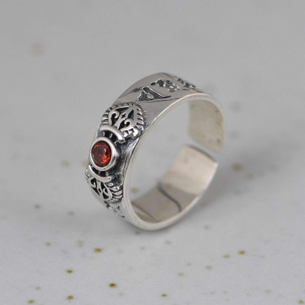 Women Adjustable Ring,Vintage Ladies Adjustable 925 Sterling Silver Rings Six-Character Mantra Of Vajra Red Garnet Unique Ethnic Style Fine Knuckle Ring For Women Wedding Fiance Valentine Jewellery