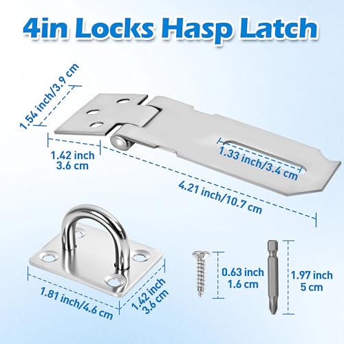 Image of 2 Pcs Door Locks Hasp Latch,4 Inch Stainless Steel Safety Packlock Clasp Hasp Lock Latch,Hasp Lock Latch for Doors,Extra Thick Brushed Finish with Screws (2 Pcs Stainless Steel, 4 inch)