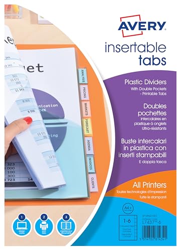 Avery intercalaires classeur A4 plastique avec double pochette plastique transparente, 6 onglets personnalisables imprimables, format A4 maxi pour documents...