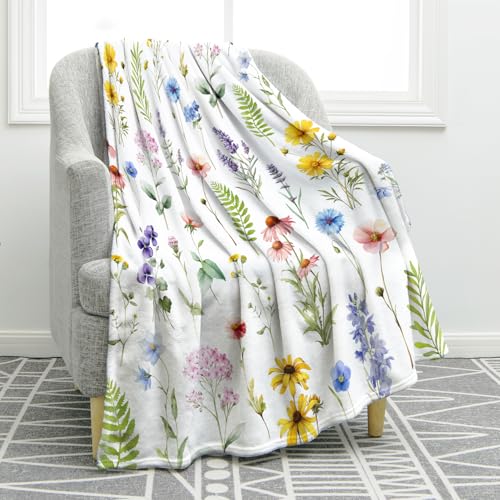 Jekeno Colorful Flowers Floral Blanket Birthday Christmas for Women Kids Girls Mom Wife Daughter Sisters Home Bedroom Spring Decor Soft Cozy Plush Throw Blankets White 50"x60"