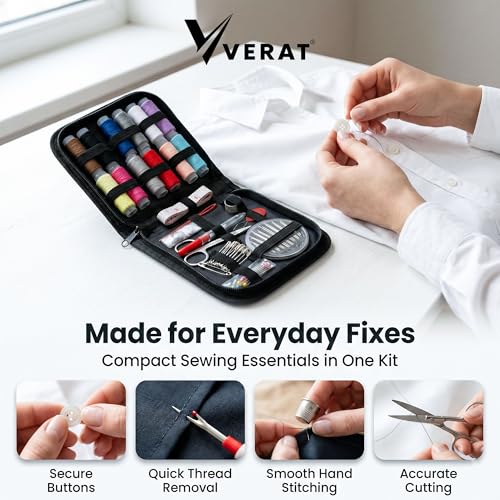 Image of 74 Pieces Sewing Kit Box with Thread, Needles & Scissors - Complete Sui Dhaga Tailoring Accessories Set with Needle Threader, Measuring Tape & Buttons - Portable Travel Stitching Kit for Home & Sewing Machine Use