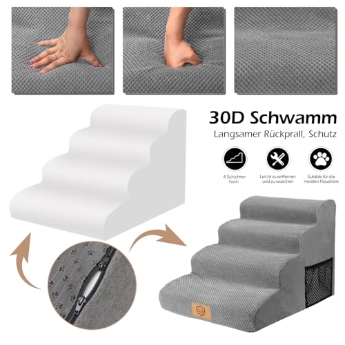 MASTERTOP Hundetreppe 4 Stufen, Hunderampe für Sofa aus Hochdichtem Schaumstoff, Haustiertreppe mit Waschbarem Plüschbezug und Rutschfestem Boden für Große/Kleine Katzen und Hunde, Grau