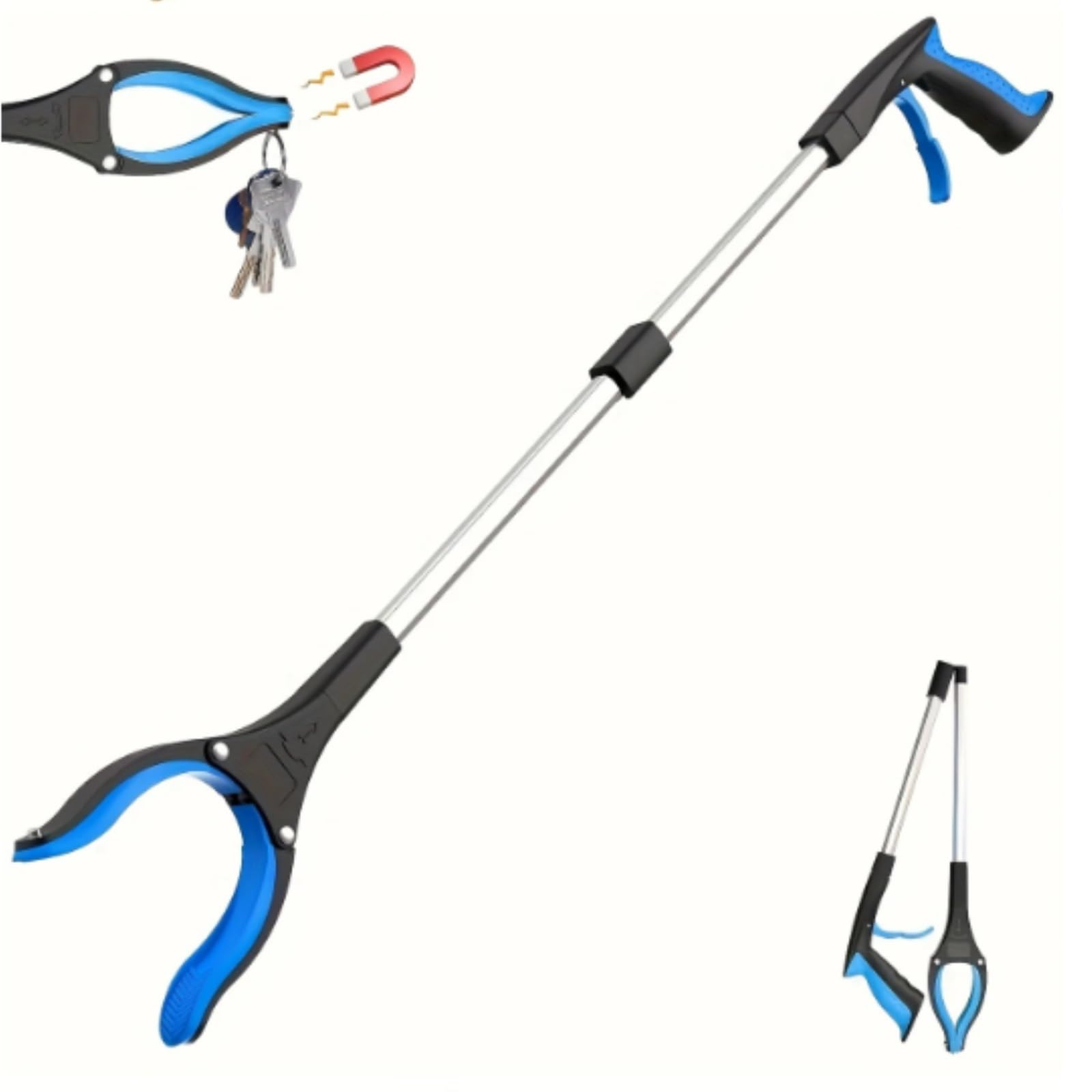 Pinza Raccogli Oggetti Resistente 2 Pezzi di Strumento Presa in Alluminio, Artiglio Magnetico, Leggero E Pieghevole Pinza Antiscivolo(Blue)