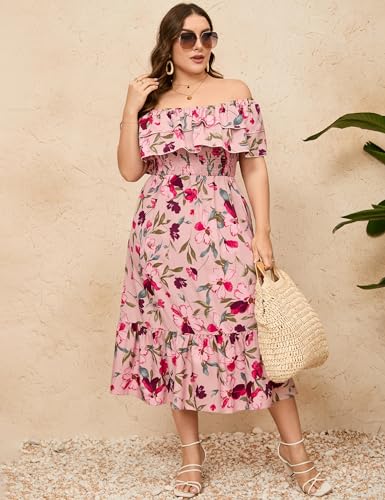 Image of KOJOOIN Women Plus Size Off Shoulder Maxi Dress Ruffle Flowy Casual Summer Boho Long Dresses