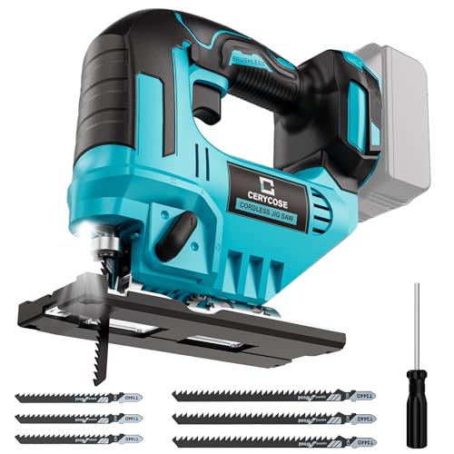 Cerycose Jigsaw Compatible With Makita 18V Battery, Cordless jig saw tool With LED Light, 0°- 45° Bevel Cuts, 3 Position Orbital Setting for Straight/Curve/Bevel/Circle Cutting (NO Battery)