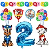 Juego de Globo de Cumpleaños 2 Año - Nuestro conjunto de feliz cumpleaños globos incluye: 1 x Globos Número “2”, 1 x dog balloon aluminio rojo, 1 x dog balloon aluminio azul, 1 x redondo dog balloon, 1 x globo de escudo con imagen de perro (doble cara, rojo y azul), 20 x globos de látex para perros, 2 x cintas.