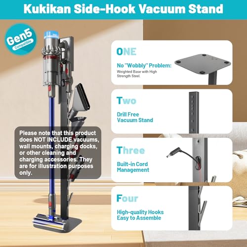Image of Dyson Gen5 V8 V15 V12 V11 V10 V7 V6 Vacuum Cleaner, Metal Floor Docking Station with Built-in Cable Management, Storage Stand Organizer with 6 Hooks for