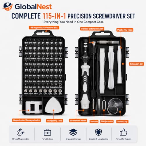 Image of 115-in-1 Precision Magnetic Screwdriver Set with Multi-Bit Kit & Storage Case - Professional Repair Tool Kit for Mobile, Laptop, PC, Watch, Eyeglasses, Gaming Console & Electronics