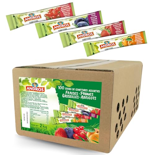 ANDROS | 100 sticks individuels de confiture 20g | 4 parfums pour varier les plaisirs : fraise, prune, groseille, abricot