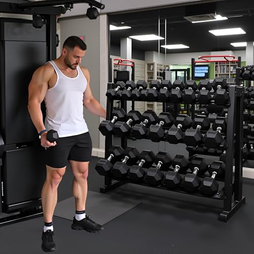 Ranbebi Hex Dumbbell Weight Set with Rack for Complete Home Outdoor Gym Cast Iron 5-50 lbs Dumbbells Exercise Fitness Equipment for Women & Men Durable Coated Rubber Weights and Storage Rack