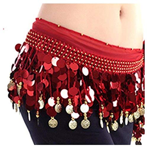 Image of VRITRAZ Women's Chiffon Belly Dance Hip Scarf Waistband Belt Skirt Mixed Colors Beads and Golded Coins 56 Black