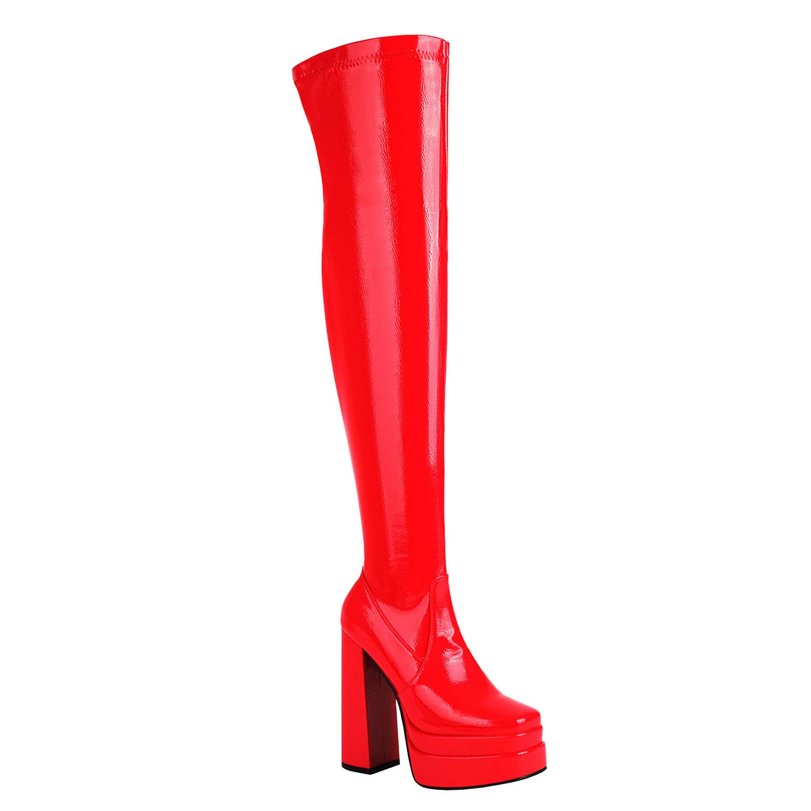 Talons Hauts Bottes Cuissardes Plateforme Femmes Talons Épais Carrés Bottes Extensibles Au Dessus Du Genou Chaussures Soirée 15cm,Red-48