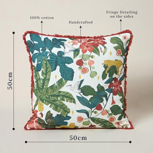 Image of Chumbak Wild Bloom Cushion Cover 20 inch Green Cotton Decorative Pillow Case for Sofa Couch Bed and Living Room Home Decor Handcrafted Design Lost in Paradise Collection