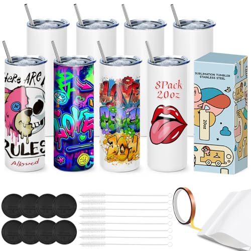 Cafultgo 20OZ Sublimation Cup, Set of 8 Sublimation Blanks Skinny Tumbler 20 OZ White Straight Bulk Stainless Steel Tumbler, with Lid and Straw, Shrink Wrap, Individually Boxed, Blank White（8PCS）