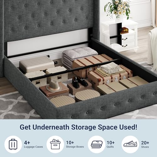 Image of Allewie Queen Size Lift Up Storage Bed, Button Tufted Headboard with Wingback, Hydraulic Support, No Box Spring Needed, Dark Grey