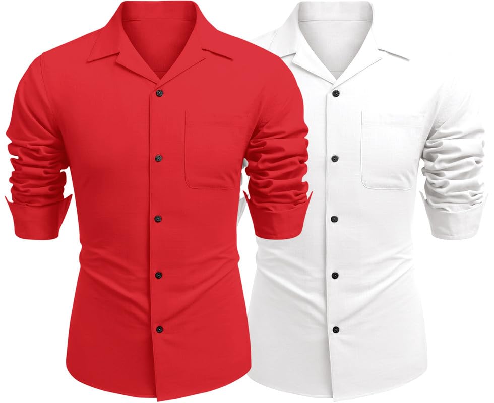 Image of Combo of Men's Casual Cotton Blend Shirt || Long Sleeve Button Down with Spread Collar | Lightweight Breathable Fabric | Stylish Solid Shirt for Beach, Office & Everyday Wear Pack of 2