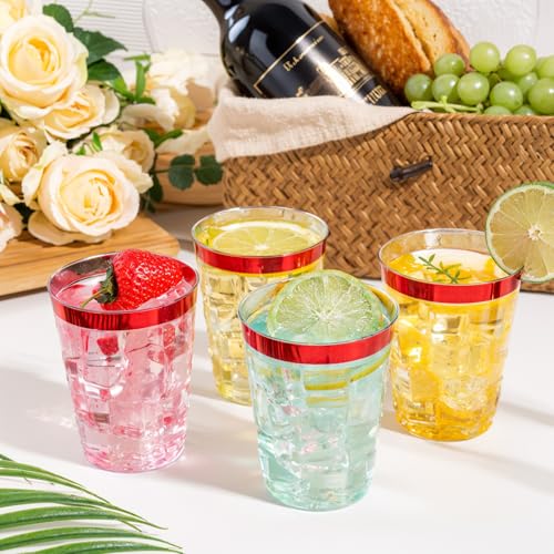Image of DaYammi 100 Pack Red Plastic Cups 10 Oz,Red Rimmed Plastic Cups for Party Fancy Disposable Cup for Wedding Disposable Glasses Clear Tumblers with red Rim for Bridal Shower Elegant Wine Cocktail Cup