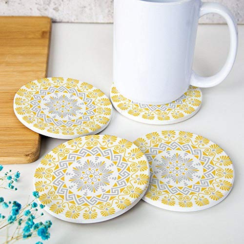Set Of 4 Drink Coasters Yellow And Grey Flok Pattern Coasters For Wooden Table Coasters For Drinks Bar Kitchen Or Decoration