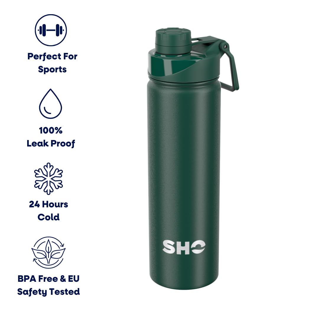 SHO Stainless Steel Sports Bottle, Leak Proof, BPA Free, No Sweat, Vacuum Insulated Double Walled Metal Flask Water Bottle - Image 2