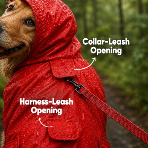 Image of Mutt of Course Waterproof Dog Raincoat with Hood & Mesh Lining | Collar & Harness Leash Opening | Duck Rain Red (M)