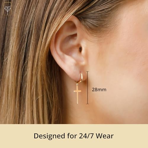 10k Yellow or White Gold Small Huggie Hoop Earrings for Women and Men with Dangle Cross and Hidden Notched Post by MAX + STONE4