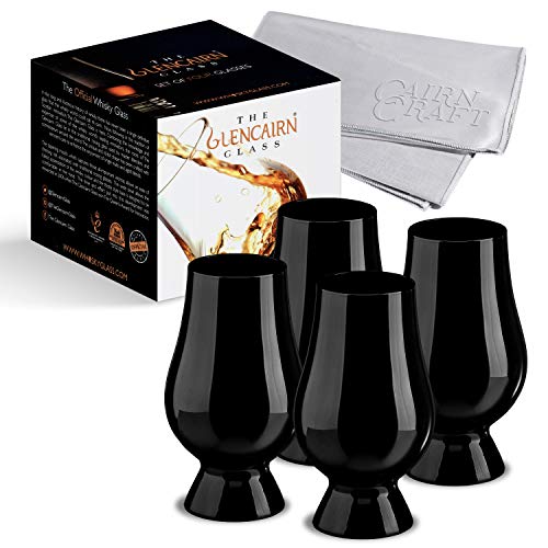 The Black Glencairn Whisky Glass, Official Blind Tasting Crystal Whiskey Glassware, Set of 4 with CairnCloth Polishing Cloth