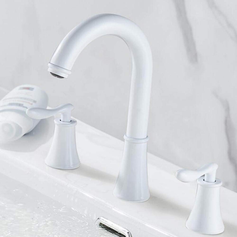 Grifo Lavabo 3 Orificios Latón Frío y Calor Giratorio Doble Manija Interruptor Independiente Grifos Lavabos-Blanco