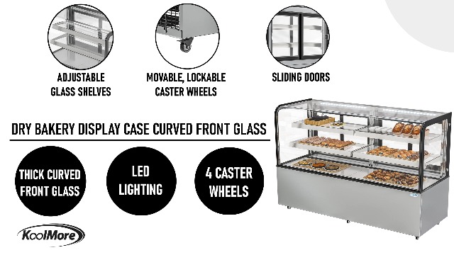 Image of KoolMore 14 Cu.Ft. Dry Bakery Display Case with Adjustable Glass Shelves, LED Lighting, and Front Curved Protection, Non-Refrigerated for Pastry, Coffee Shop, Restaurant, Store Use (BDC-13C), Silver