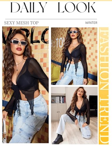 Avidlove Women Mesh Crop Top Y2K Tie Front Tops Rave Top Sheer Cardigan Sexy V Neck Outfits S-2XL2