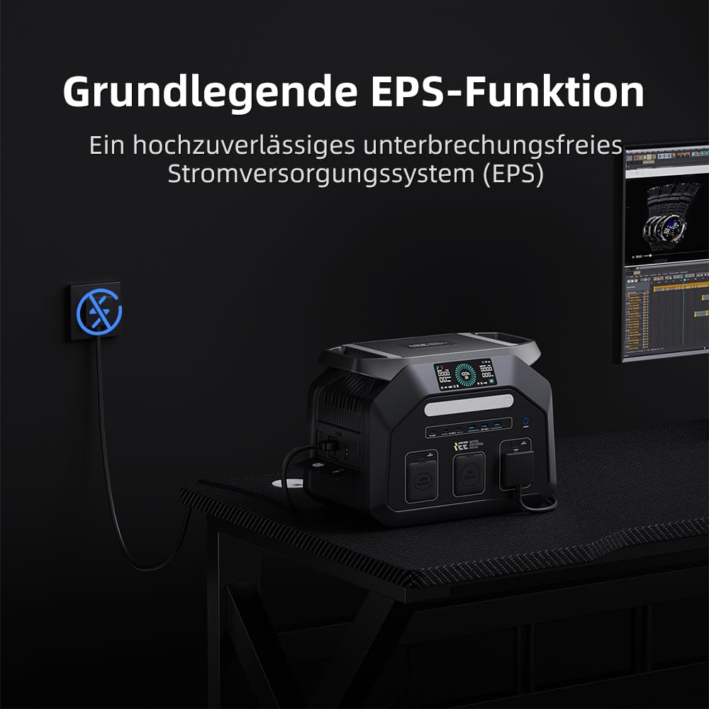 IEE P1800 Tragbare Powerstation, 1024Wh LiFePO4-Batterie, 1800W AC (3600W Peak)/100W USB-C Ausgang, 8ms USV Solar Generator für Camping, Reise, Hausgebrauch