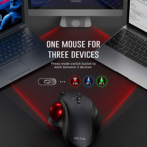 Bluetooth Trackball Mouse, Jelly Comb 2.4G USB Wireless & Bluetooth Ergonomic Trackball Mice Rechargeable with USB-C Port and 3 DPI for Mac Computer Laptop Tablet Android Windows