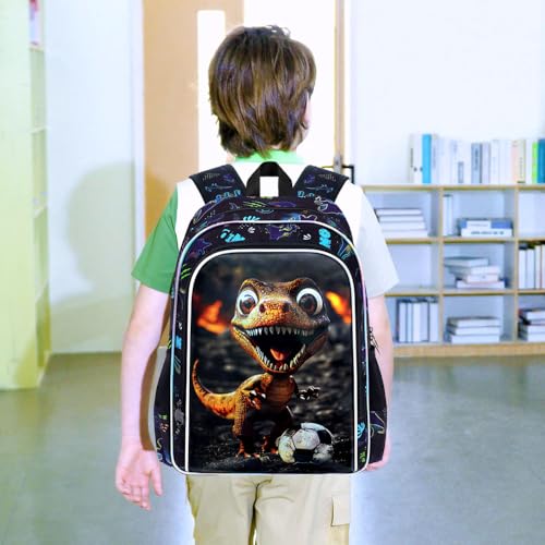 Image of 16 inch Dinosaur Backpack for Boy, 3Pcs Soccer Bookbag for Elementary Preschool Kindergarten, Kids School Backpacks with Lunch Box (Black)