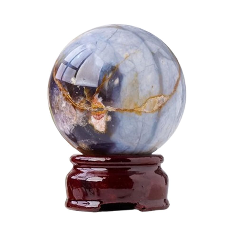 DQFOCPHHAA Crystal Wood Grain Agate Crystal Ball Gemstone Ball Sculpture Figurine with Wooden Stand Home Office Stone Feng Shui Ball Ornaments