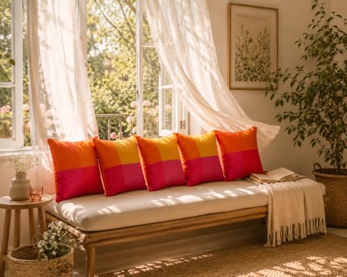 Image of RANGBHAR Handloom 100% Cotton Cushion Cover Set of 5 | Cushion with All-Around Piping for Premium Finish | 16x16 Inches Hand Woven Striped Cushion Covers | Mustard Orange