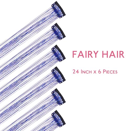Image of WENNALIFE Hair Tinsel Clip In for Girls Sky Blue, 6pcs 24 inch Clips Tinsel Hair Extensions Clip in Colorful Glitter Clips Sparkle Fairy Hair Accessories for Kids