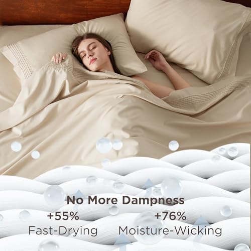 Image of Bedsure Deep Pocket King Sheet Set - Fits Mattresses Up to 21 Inches Thick - 4 Piece GentleSoft Bed Sheets, Moisture Wicking, Soft & Cooling Bedsheet & Pillowcases, Easy & Secure Fit, Beige