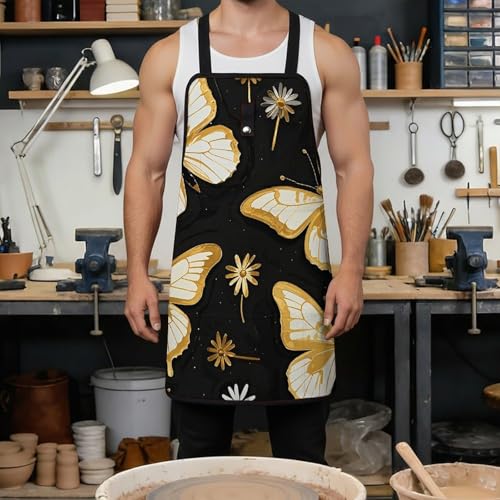 Delantal de trabajo negro con mariposas y bolsillos miniatura 4