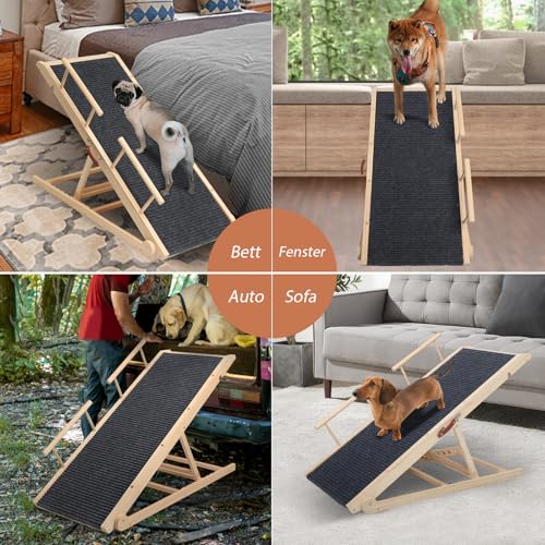 HundeRampe für Bett und Sofa mit Sicherheitsgeländer, höhenverstellbare Hundetreppe für Betten von 40cm bis 70cm mit Rutschfester Matte, Haustier-Rampe aus Holz für Hunde bis 80kg
