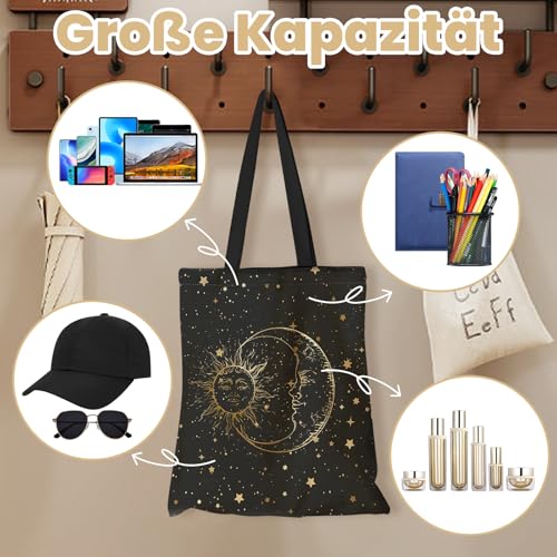 Yoljun Tote Bag Schwarz Stern Mond Motiv, Canvas Stofftasche Damen, Baumwolltasche Beutel, Geschenke Tasche Geschenk für Arbeit Reisen