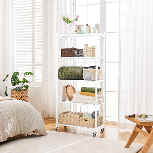 Image of BRIAN & DANY 5-Tier Foldable Storage Shelves with Wheels, Folding Metal Rack Shelving Unit, Heavy Duty No Assembly Organizer Shelf for Garage, Kitchen, Basement, Pantry, White
