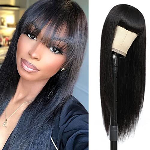 Straight Human Hair Wigs with Bangs None Lace Wigs Glueless Machine Made Wigs for Black Women Natural Black Color 22 Inch