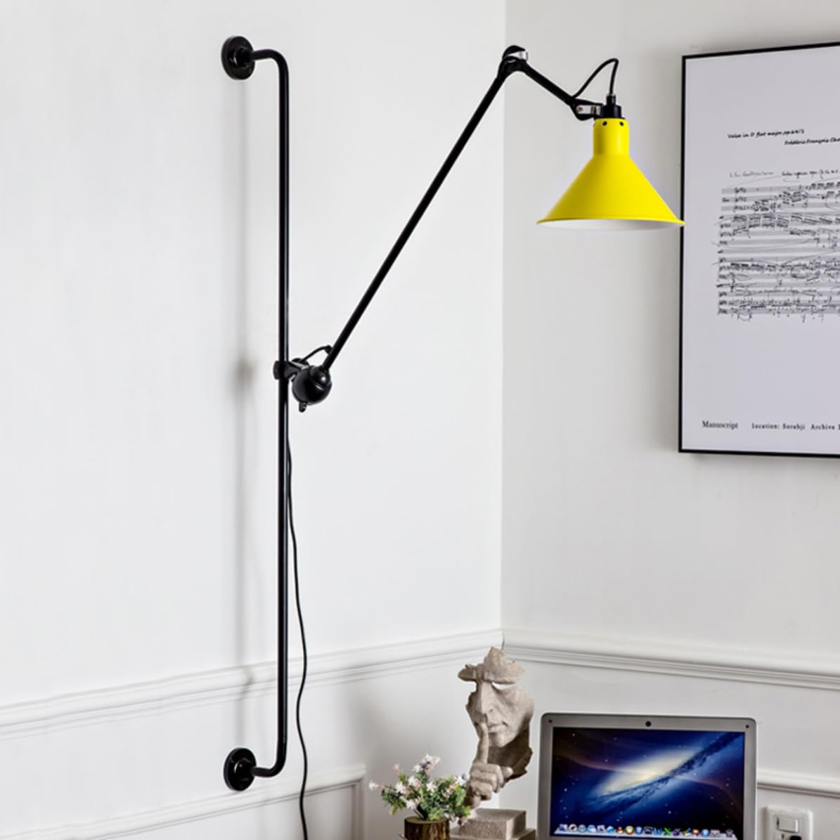 LYMSXAZOU Modern Plug in Wall Sconce Yellow Long Swing Arm Lamp Swivel Mounted 360°Rotatable Light for Bedroom Living Room Bedside