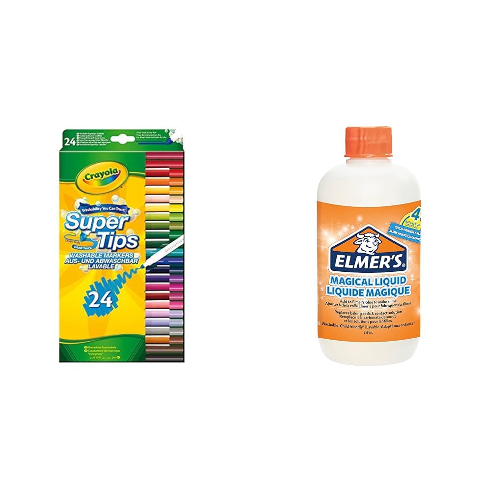 SuperTips Washable Markers - Assorted Colours (Pack of 24) & Elmer’s Glue Slime Magical Liquid Solution | 259 mL Bottle (Up to 4 Batches)